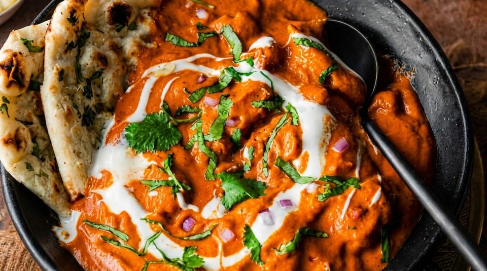 Close-up of butter chicken with naan bread, garnished with cream, cilantro, and red onions.