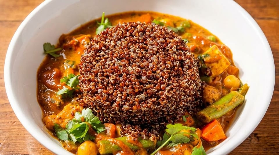 A white bowl filled with a vibrant curry, topped with a mound of red quinoa and fresh cilantro.