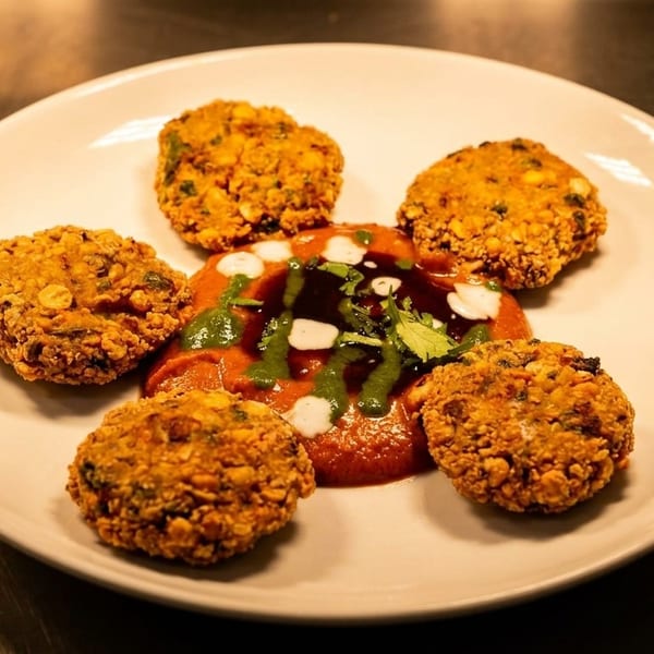 Five golden-brown fritters arranged around a vibrant red sauce, garnished with green and white drizzles.