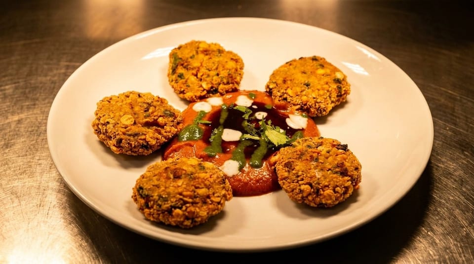 Five golden-brown fritters arranged around a vibrant red sauce, garnished with green and white drizzles.