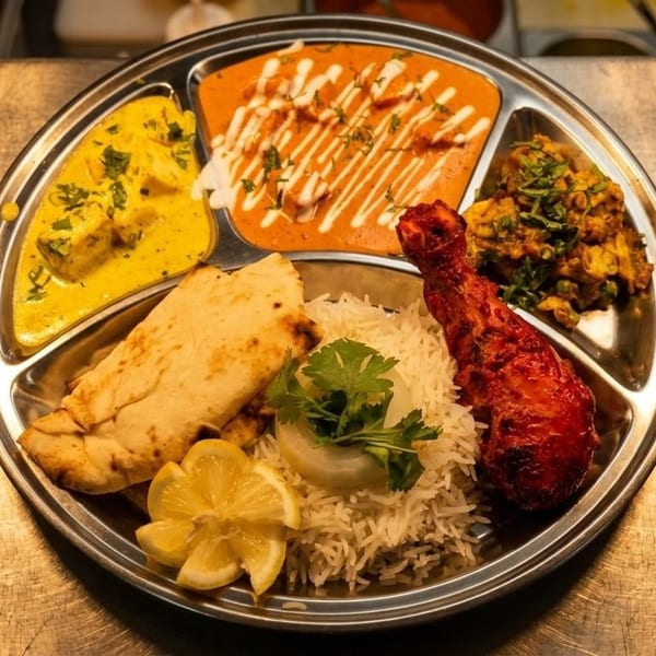 A metal thali plate with various Indian dishes including curries, rice, naan, and tandoori chicken.