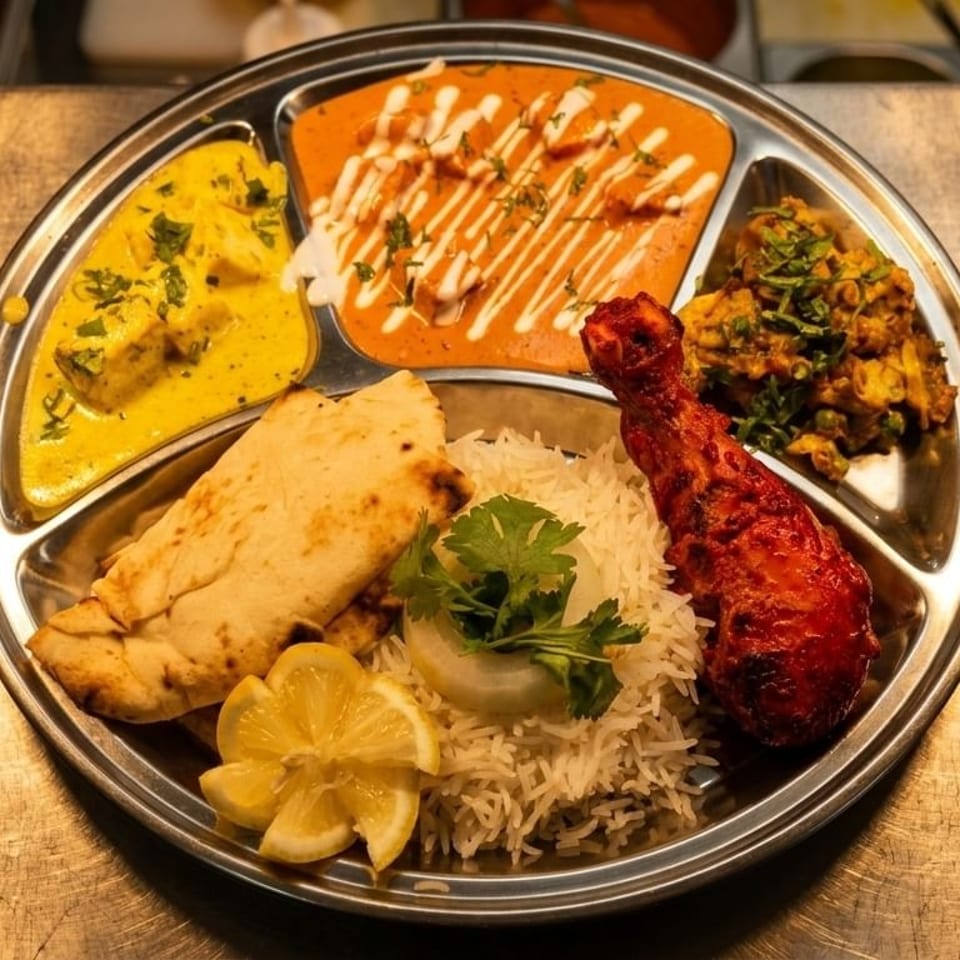 A metal thali plate with various Indian dishes including curries, rice, naan, and tandoori chicken.