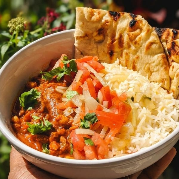 A bowl of curry with rice, tomato and onion relish, and naan bread, held outdoors.