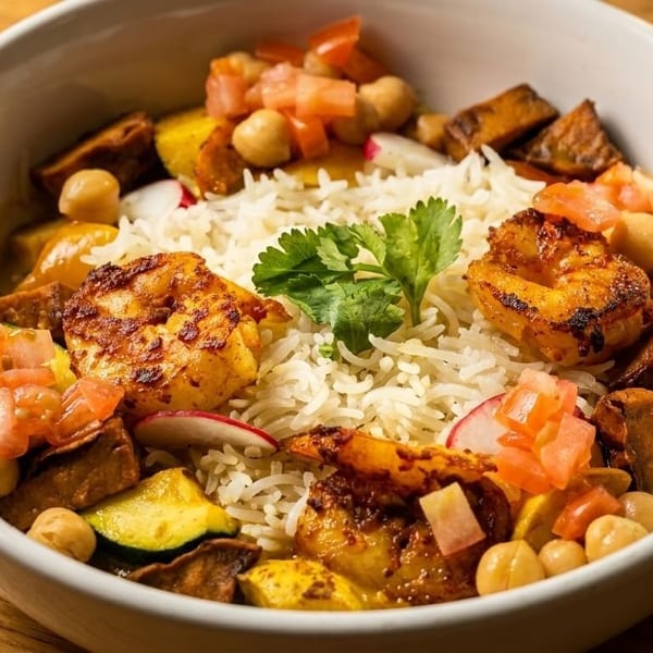 A vibrant shrimp and rice bowl with chickpeas, zucchini, tomatoes, and cilantro on a wooden table.