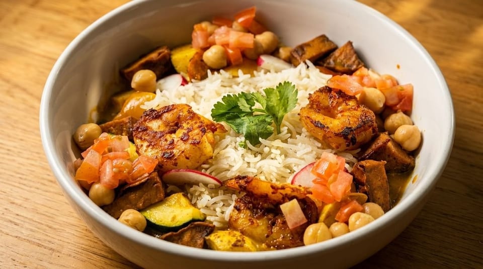 A vibrant shrimp and rice bowl with chickpeas, zucchini, tomatoes, and cilantro on a wooden table.