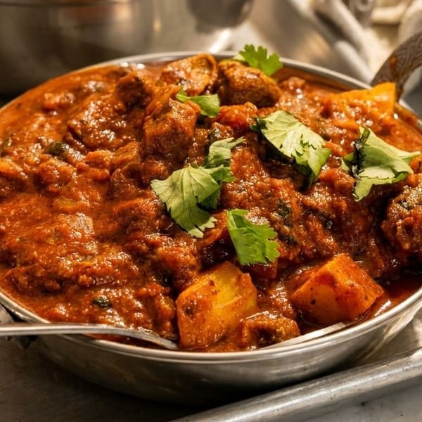 A close-up of a metal bowl filled with a rich, red curry, garnished with fresh cilantro.