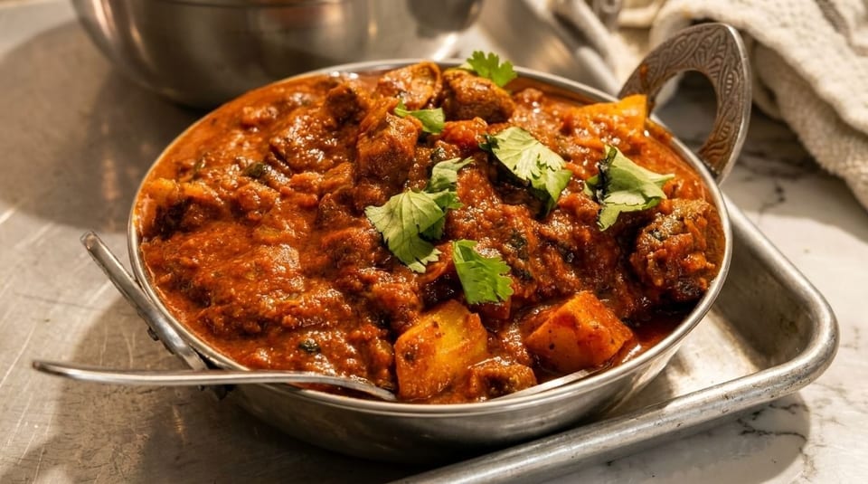 A close-up of a metal bowl filled with a rich, red curry, garnished with fresh cilantro.